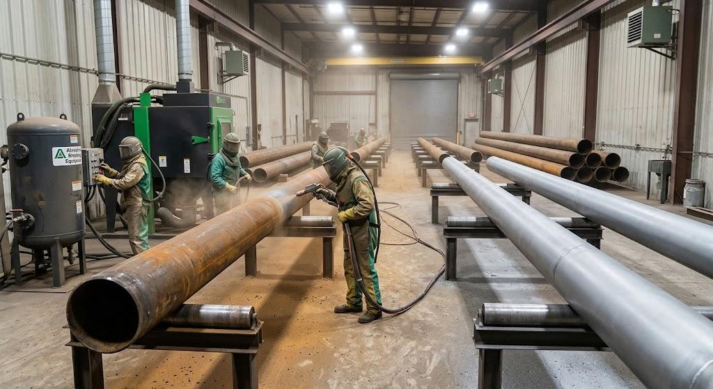 Equipe realizando jateamento abrasivo em tubos industriais